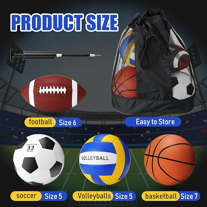 Jenaai Sport Balls Set Official Size Basketball Football Volleyball Soccer Ball with Equipment Bags and Pumps Kit for Kid Youth Adult Indoor Outdoor Operation Christmas