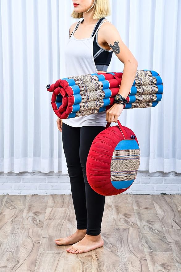 Leewadee Meditation Cushion Set – 1 Round Zafu Meditation Pillow and 1 Square Roll-Up Zabuton Meditation Mat, Pillows Bundle Filled with Kapok