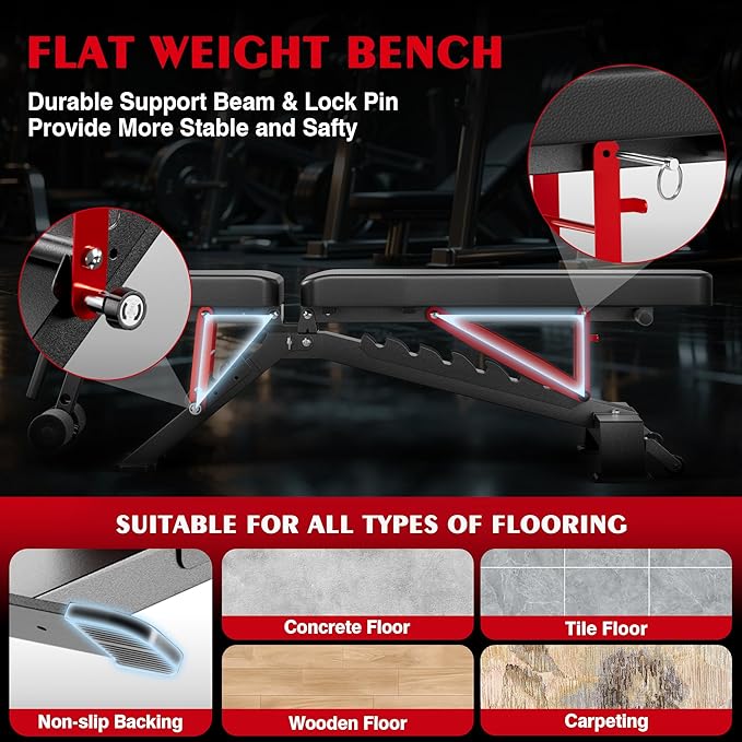 Adjustable Weight Bench - Foldable Workout Bench for Home Gym, PRO Heavy Duty 1300lb Capacity Full Body Strength Training with 8-Level Incline/Flat/Decline Positions & Space-Saving