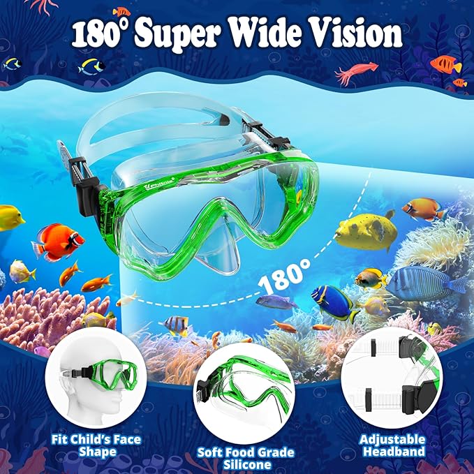 U PHITNIS Kids Snorkel Set for Age 4-14 - Dry Top Snorkeling Gear for Kids Junior & Youth - Childs Diving Mask with Big Eyes for Boys Girls - Anti-Fog Snorkeling Mask and Snorkel Set