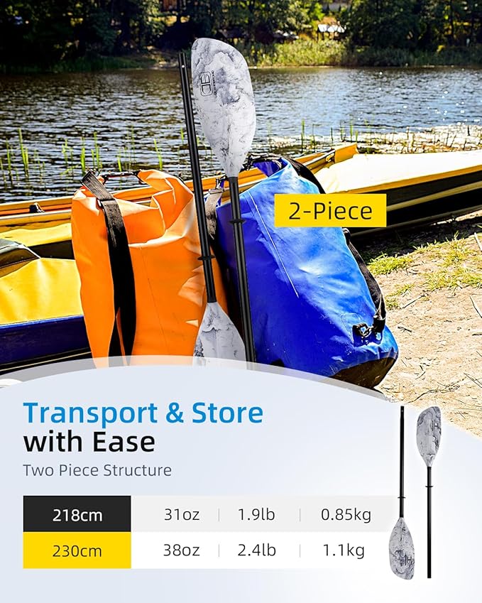 OCEANBROAD Kayak Paddle 86in/218cm, 90.5in/230cm Alloy Shaft 2-Piece Floatable Kayak Oar for Kayaking Canoeing Boating