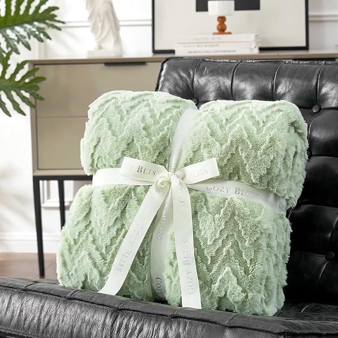 Cozy Bliss Faux Fur Throw Blanket for Couch - Soft Fuzzy Cozy Throw Gift Blankets for Women,Sage Green Boho Blanket for Sofa Bedroom Living Room.60 * 80 Inches