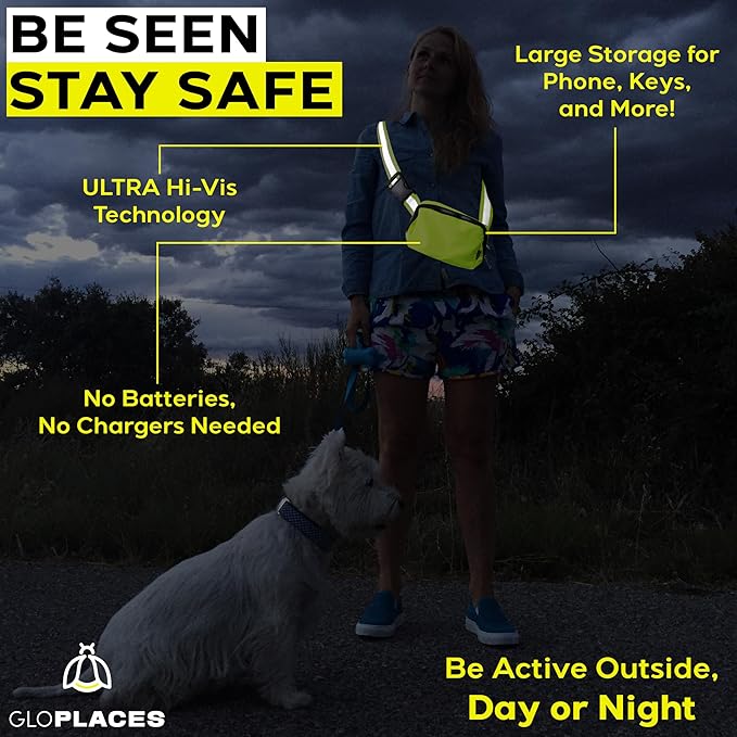 Reflective Belt Bag Night Sash for Night Safety - High Visibility Hip Bag Waist Pack with Large Storage Pouch - Adjustable Night Fanny Pack for Dog Walking, Hiking, Biking