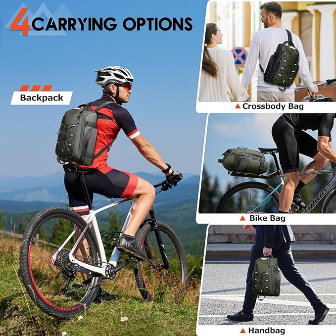 RAINSMORE Bike Bags for Bicycle Rear Rack 15L Waterproof Bike Ebike Trunk Pannier Saddle Bag with Rain Cover Bike Accessories Backpack Shoulder Bag for Commuter Travel Outdoor, Green