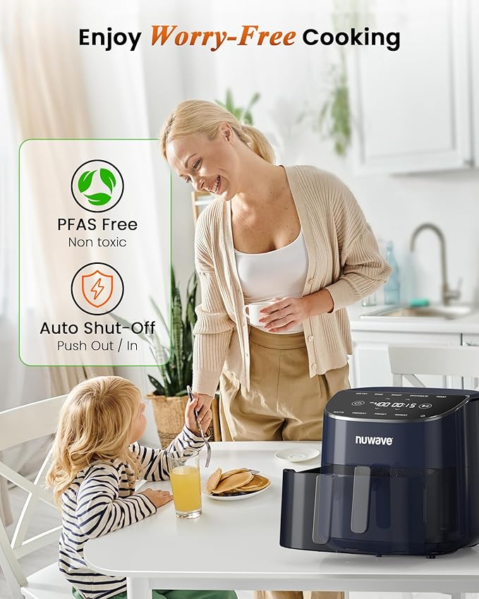 Nuwave Brio Plus Air Fryer 8 Qt, New & Improved, PFAS-FREE, 7 Digital One-Touch Cook Functions that AIR FRY, BAKE, ROAST, DEHYDRATE, TOAST, REHEAT, PREHEAT, 150 Presets, 50°F~400°F (Deep Blue)