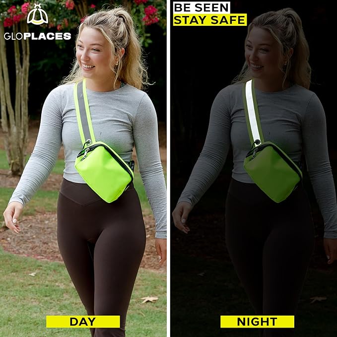 Reflective Belt Bag Night Sash for Night Safety - High Visibility Hip Bag Waist Pack with Large Storage Pouch - Adjustable Night Fanny Pack for Dog Walking, Hiking, Biking
