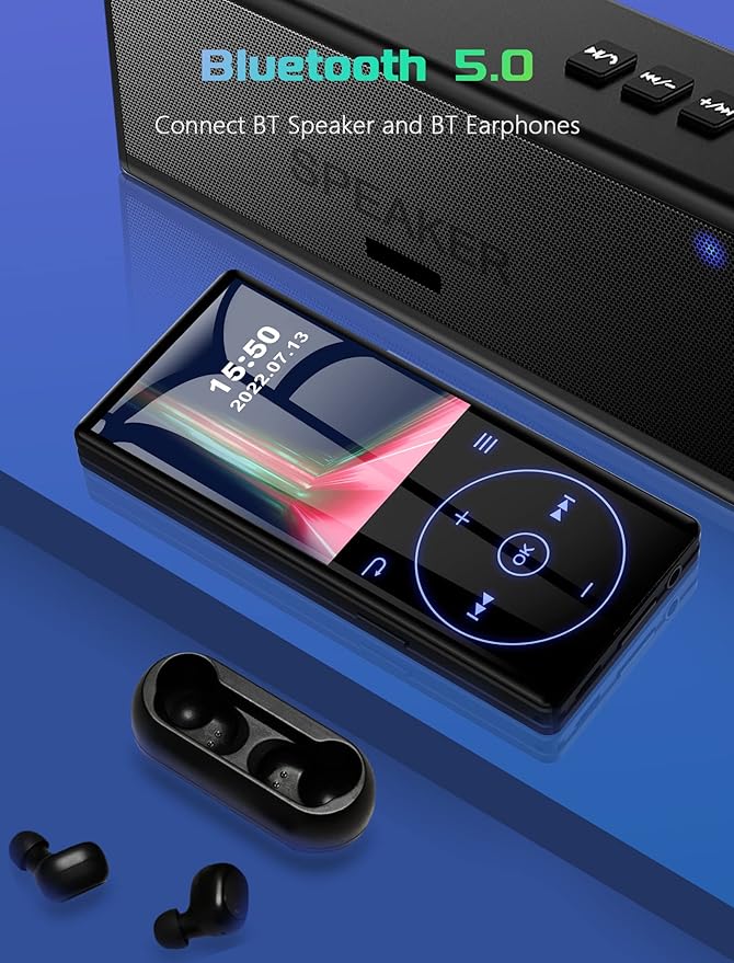 96GB MP3 Player with Bluetooth 5.0: Portable Lossless Sound Music Player with HD Speaker,2.4" Screen Voice Recorder,FM Radio,Touch Buttons,Support up to 64GB for Sport(Earphones&64GB TF Card Included)