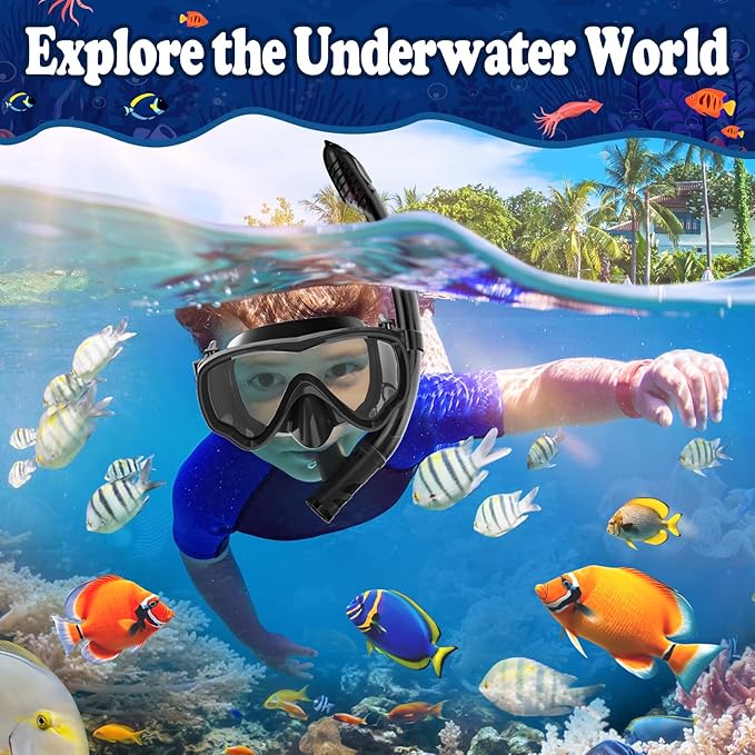 U PHITNIS Kids Snorkel Set for Age 4-14 - Dry Top Snorkeling Gear for Kids Junior & Youth - Childs Diving Mask with Big Eyes for Boys Girls - Anti-Fog Snorkeling Mask and Snorkel Set