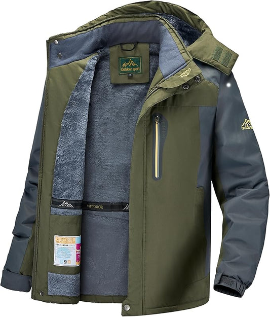 Men's Winter Ski Jacket Warm Waterproof Fleece Liner Snow Coat Hooded Windproof Mountain Raincoat