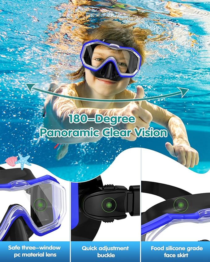 W WSTOO Kids Swim Goggles with Nose Cover,Snorkel Diving Swimming Mask for Youth 5-15,HD 3-Window Wide Vision Anti-Shattered Lens Anti-Fog&Leak