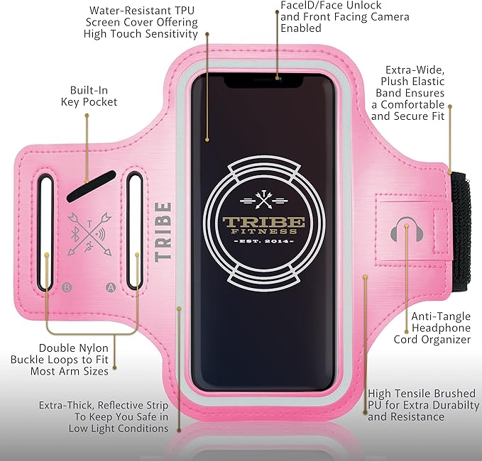 TRIBE Water Resistant Cell Phone Armband Case Running Holder for iPhone Pro Max Plus Mini SE (13/12/11/X/XS/XR/8/7/6/5) Galaxy S Ultra Plus Edge Note (21/20/10/9/8/7/6/5) Adjustable Strap & Key Pocket