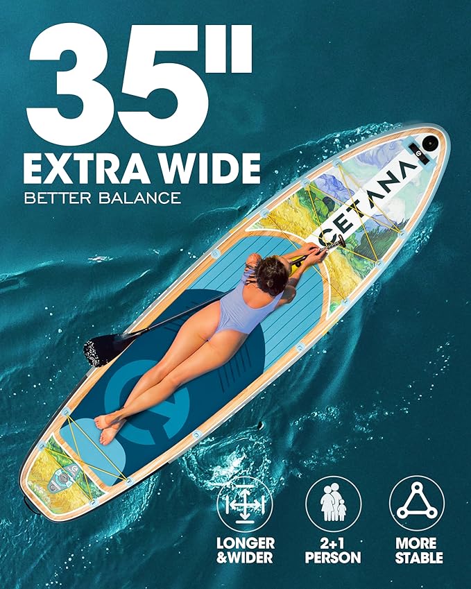 CETANA 11'6×35" Extra Wide Stand Up Paddle Board for Adults & Youth, 400lb Capacity Inflatable Paddle Board, Sup for 2+1 Person with Removable US Fin, 100L Backpack, Floating Paddle, Safety Leash