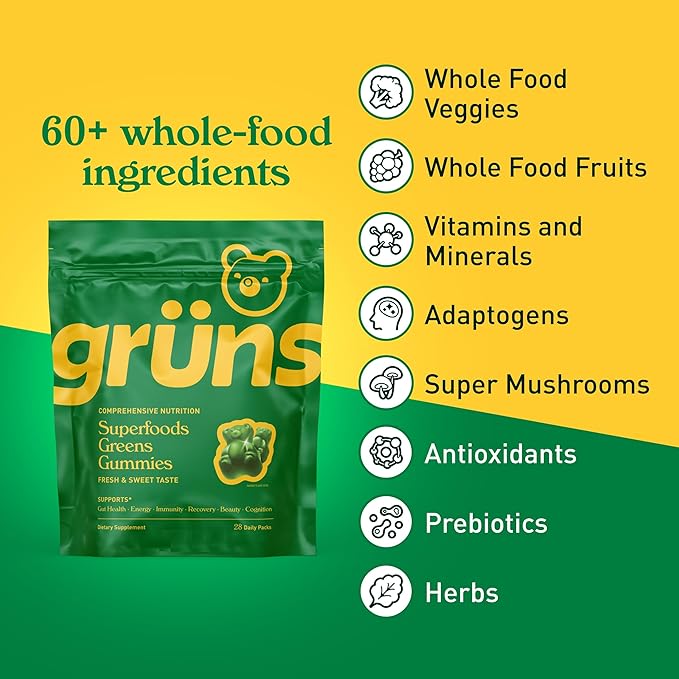 Gruns Adults Super Greens Gummies, Multivitamin Superfood Gummy Bears, Spirulina, Chlorella, Prebiotics & Fiber Gummies for Digestive Health, Adaptogens Supplement, 20 Vitamins & Minerals, 10 Count
