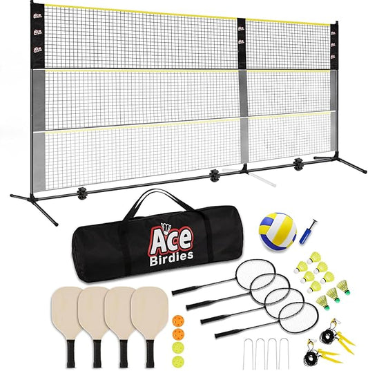 Complete Badminton Sets (10FT/17FT) Adjustable Width, Adjustable Height (2.8/5.1/7.4FT), Badminton Pickleball Volleyball Set with Net, 4Racket+4Paddels+Volleyball for Outdoor Family Game.
