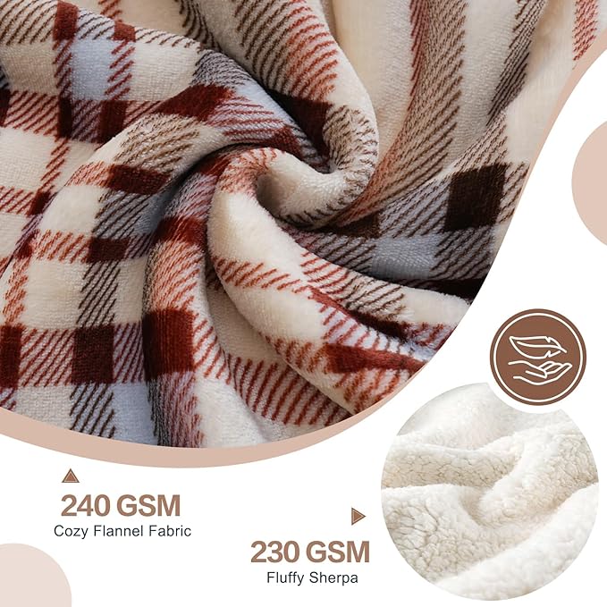 PU MEI Sherpa Fleece Throw Blanket 80" x 90" Reversible Plush Fluffy Large Big Blanket Lattice Flannel Blankets for All Season Use, Beige Stripe