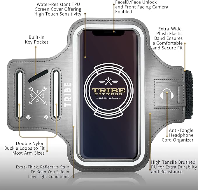 TRIBE Water Resistant Cell Phone Armband Case Running Holder for iPhone Pro Max Plus Mini SE (13/12/11/X/XS/XR/8/7/6/5) Galaxy S Ultra Plus Edge Note (21/20/10/9/8/7/6/5) Adjustable Strap & Key Pocket