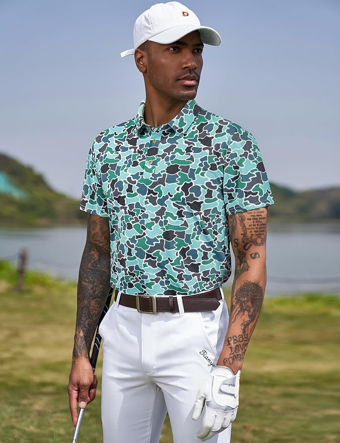 TAPULCO Mens Quick Dry Polo Shirts Camouflage Pattern Performance Athletic Lightweight Breathable Casual Golf Tshirts
