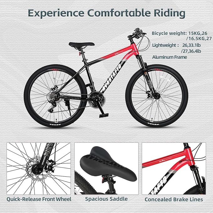 AVASTA Earth 26 27.5 inch Mountain Bike with 21-Speed，Aluminum Frame, Dual Disc Brake, Comfortable Saddle,Multiple Colors