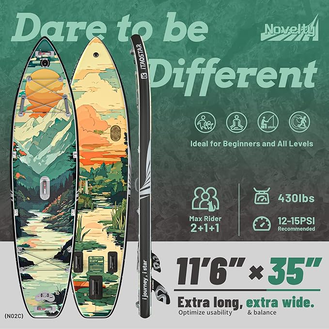 Novelty 11'6" x 35" Extra Wide SUP for Enhanced Stability - Inflatable Stand Up Paddle Board - Premium Paddle Board Kit for Adults & Youth - All Skill Levels - Includes SUP Accessories