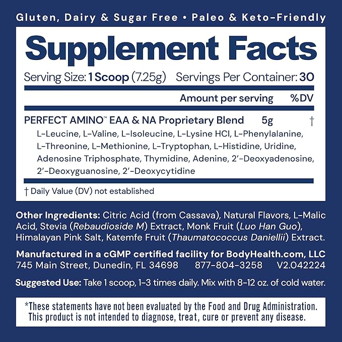 BodyHealth PerfectAmino Powder - BCAA and EAA Powder for Pre and Post Workout - Amino Acid Energy Drink for Men and Women to Support Lean Muscle and Recovery - Strawberry - 120 Servings