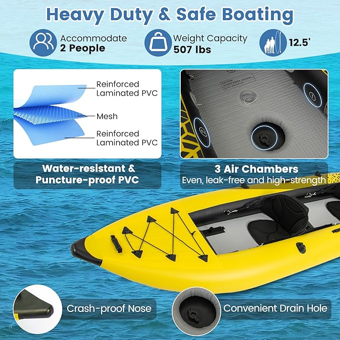 S AFSTAR Inflatable Kayak, 2 Person Canoe with 507 lbs Capacity, Drop-Stitch Floor, All Accessories & Carry Bag, 12.5 ft Large Sit in Tandem Kayak for Fishing, Camping & Exploring for Adults
