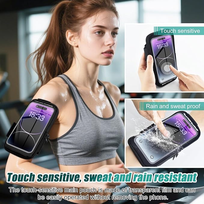 Phone Holder for Running, Running Armband Phone Holder with Carabiner, Phone Armbands for iPhone 16 15 14 13 12 11Pro Max & Galaxy S25/S24/S23, Cell Phone Armband Up to 6.8'' Phone (Black)