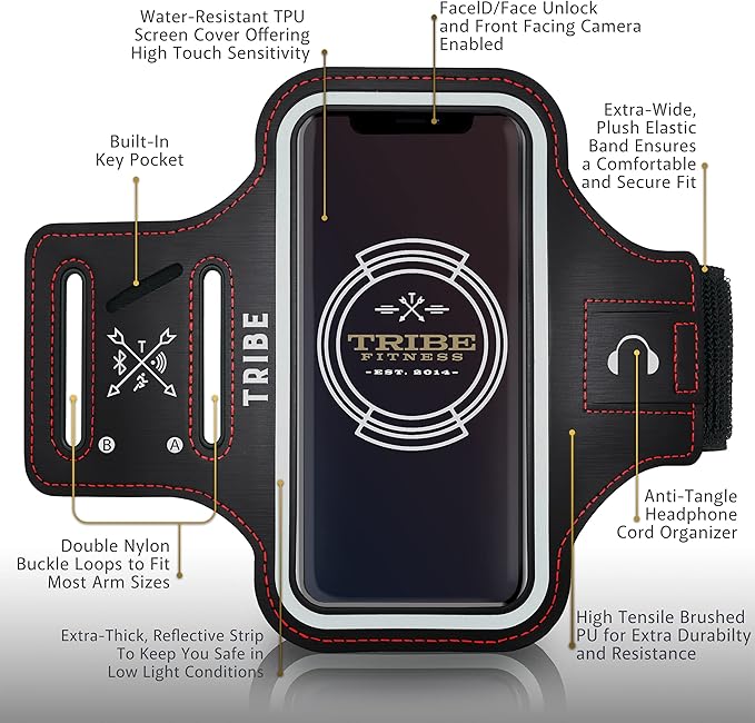 TRIBE Water Resistant Cell Phone Armband Case Running Holder for iPhone Pro Max Plus Mini SE (13/12/11/X/XS/XR/8/7/6/5) Galaxy S Ultra Plus Edge Note (21/20/10/9/8/7/6/5) Adjustable Strap & Key Pocket