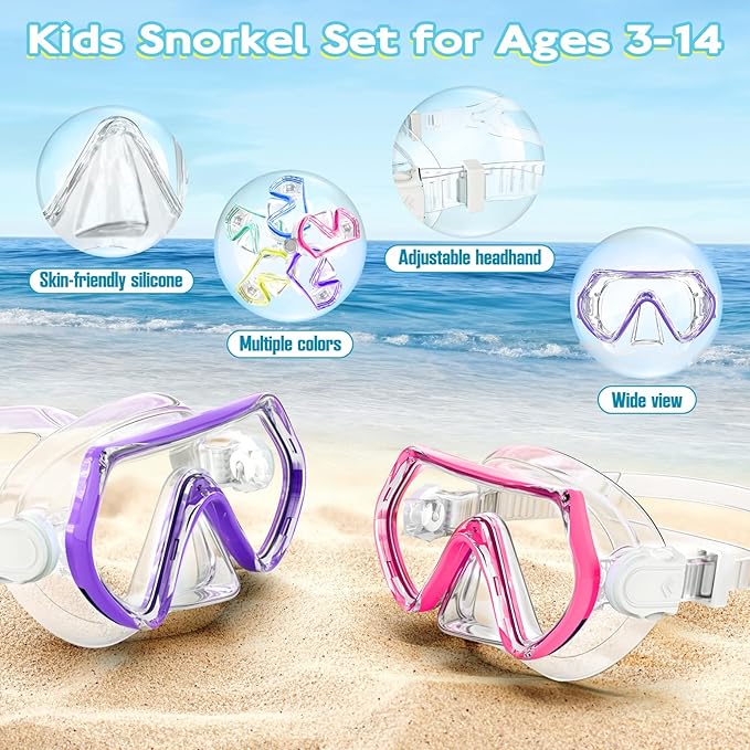 Snorkeling Gear for Kids, Kids Snorkel Set for Ages 3-14, Anti-Fog Diving Mask and Dry Top Snorkel Combo Set, Unisex Swimming Goggles