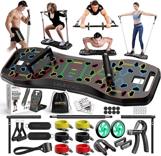 LALAHIGH Push Up Board,36 in 1 Home Gym Equipment with Ab Roller Wheel & Resistance Bands, Portable Foldable Workout Board for Full Body Strength Training Men Women