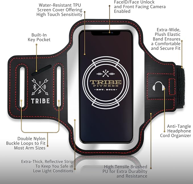 TRIBE Running Phone Holder Armband. iPhone & Galaxy Cell Phone Sports Arm Bands for Women, Men, Runners, Jogging, Walking, Exercise & Gym Workout. Fits All Smartphones. Adjustable Strap, CC/Key Pocket