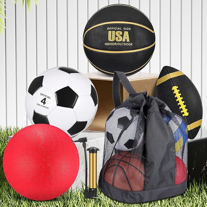 Deekin 4 Pcs Sport Balls Set for Kids Teens, Include Official Size 5 Basketball 4 Soccer 6 Football Playground Ball and Pump Sports Equipment Bag Recess Equipment Sport for Students(Classic Color)