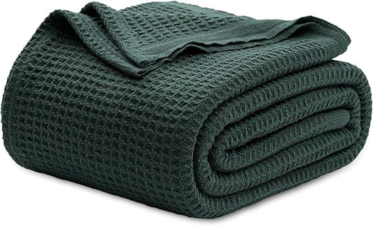 Bedsure 100% Cotton Blanket King Size for Bed - Breathable and Soft, Waffle Weave Blanket for Summer, Thick Cozy Fall Blankets for Women Gift, Dark Green, 104x90 inches