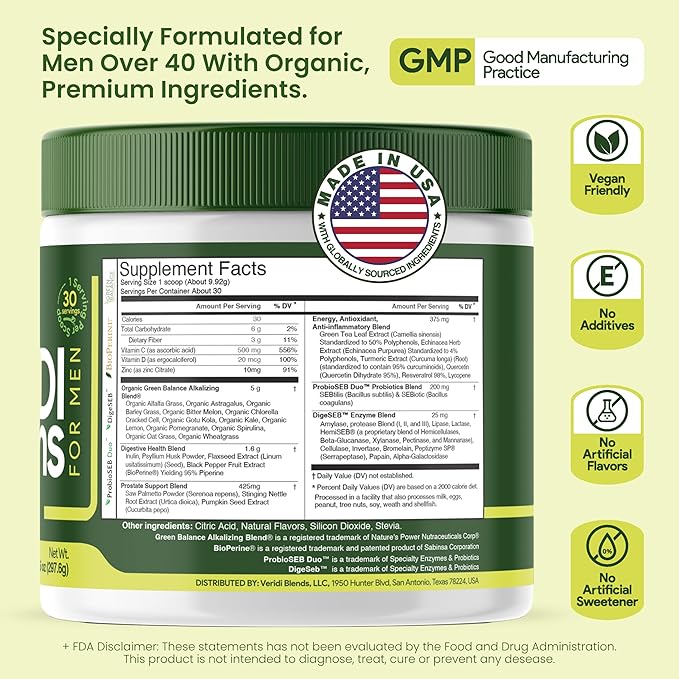 Veridi Greens for Men 40+ | Daily Superfood Greens Powder for Prostate Health, Hormone & Energy Support | Premium USA Blend with Spirulina, Saw Palmetto, Zinc & Enzymes