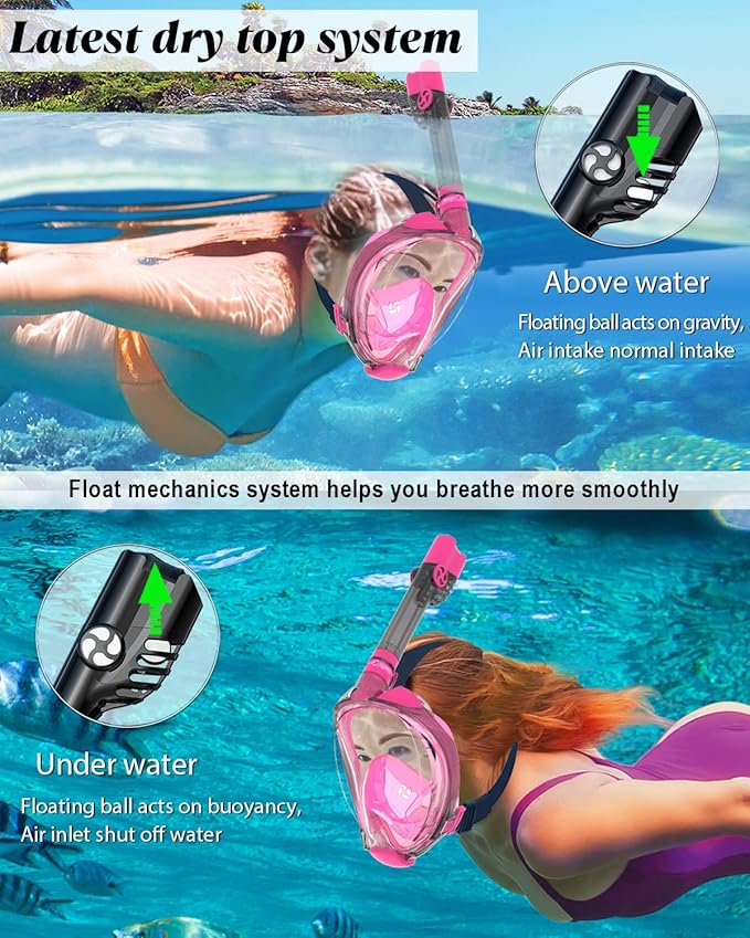 W WSTOO Full Face Snorkel Mask Adults,Suitable for Beginners Dry Top Snorkeling Gear,Can Your Mouth or Nose to Breathe,180 Degrees Panoramic View,Anti-Fog Anti-Leak,Summer Travel and Vacationing Gifts