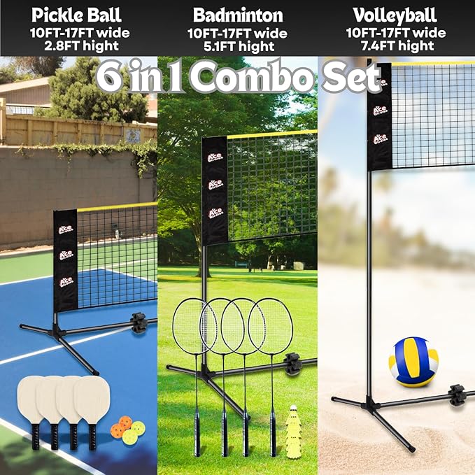 Complete Badminton Sets (10FT/17FT) Adjustable Width, Adjustable Height (2.8/5.1/7.4FT), Badminton Pickleball Volleyball Set with Net, 4Racket+4Paddels+Volleyball for Outdoor Family Game.