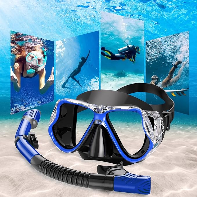Greatever Dry Snorkel Set,Panoramic Wide View,Anti-Fog Scuba Diving Mask,Professional Snorkeling Gear