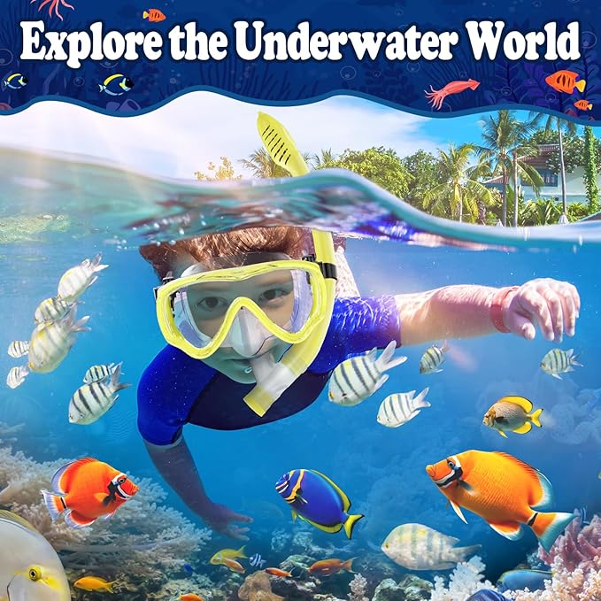 U PHITNIS Kids Snorkel Set for Age 4-14 - Dry Top Snorkeling Gear for Kids Junior & Youth - Childs Diving Mask with Big Eyes for Boys Girls - Anti-Fog Snorkeling Mask and Snorkel Set