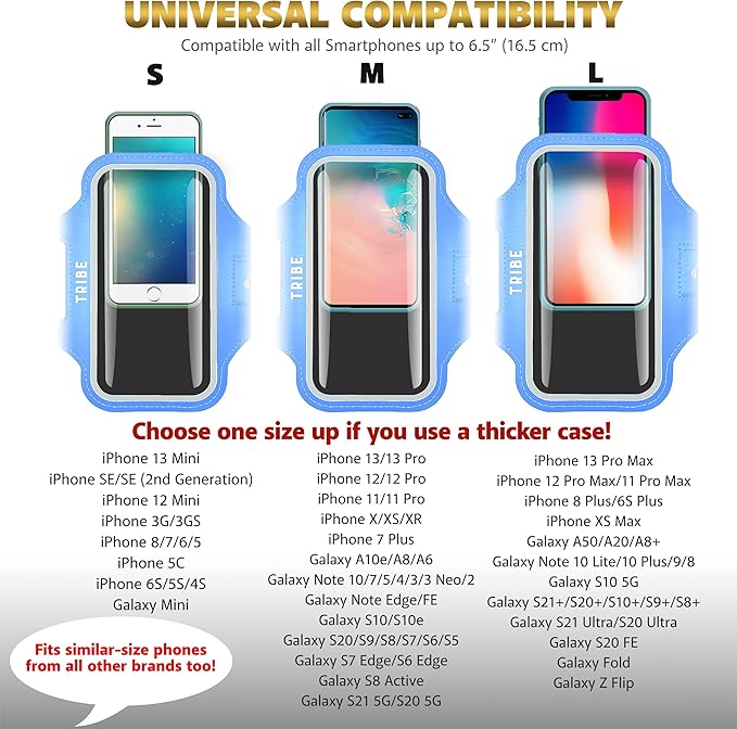 TRIBE Water Resistant Cell Phone Armband Case Running Holder for iPhone Pro Max Plus Mini SE (13/12/11/X/XS/XR/8/7/6/5) Galaxy S Ultra Plus Edge Note (21/20/10/9/8/7/6/5) Adjustable Strap & Key Pocket