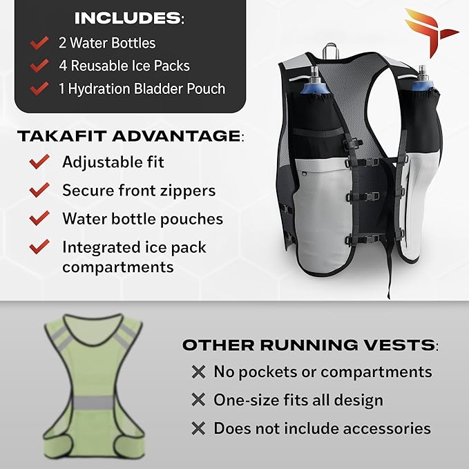 TakaFiTrail Running Hydration Vest Men - Breathable Trail Running Hydration Vest w/ 2 Water Bottles, Bladder Pouch, Ice Pack for Runners - Reflective Marathon Gear Jogging Backpack for Hiking