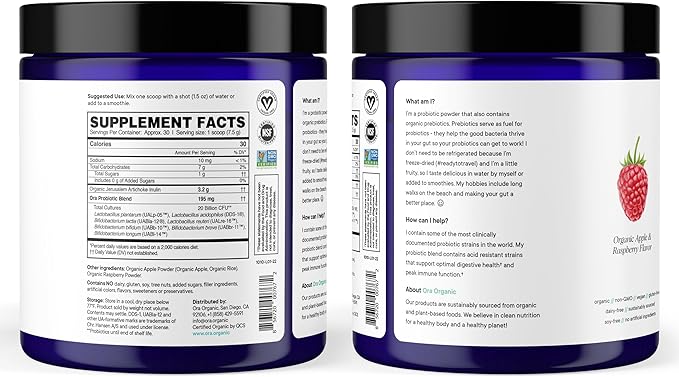 Ora Organic Prebiotic and Probiotic Powder Supplement - 20 Billion Probiotics, 7 Strains for Best Prebiotic Powder, Non-GMO, Probiotics for Women, Men & Kids - Apple Raspberry Flavor, 30 Servings…