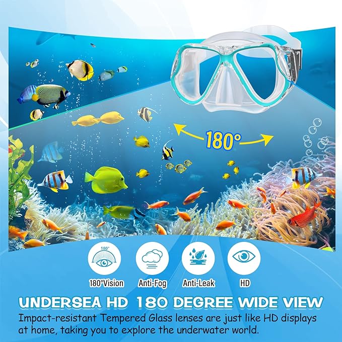 Greatever Dry Snorkel Set,Panoramic Wide View,Anti-Fog Scuba Diving Mask,Professional Snorkeling Gear