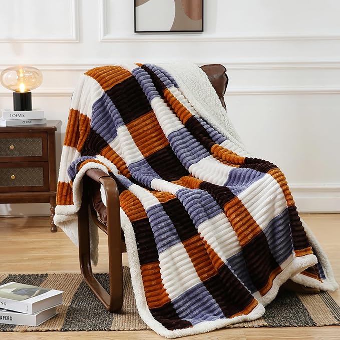 PU MEI Sherpa Blanket Twin Plaid Thick Bed Blanket, 80”*90” Super Soft Flannel Fuzzy Fleece Reversible Velvet Plush Warm Blanket for Couch (Brown Orange Check)