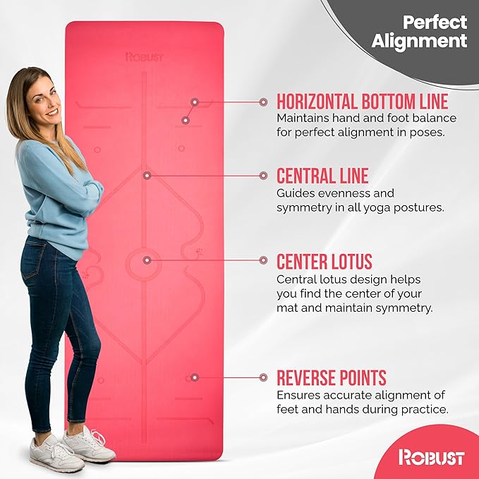 Robust Non-Slip Yoga Mat with Strap, 1/4" Thick TPE Eco-Friendly Workout Mat for Yoga with Position Lines and Texture Surface, Gym Mat for Women, Men, Pilates and Exercises Anti-Tear Sweat-Proof Exercise Mat