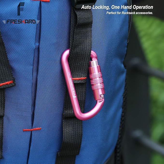 FresKaro 3inch 12kN-2698lbs Auto Locking Carabiner Clips, Solid D Shape, Heavy Duty 7075 Aluminum, Lightweight 1.09oz, Rust Proof, for Hammock, Hiking, Dog Leash, Keychain etc., Multi-Colors