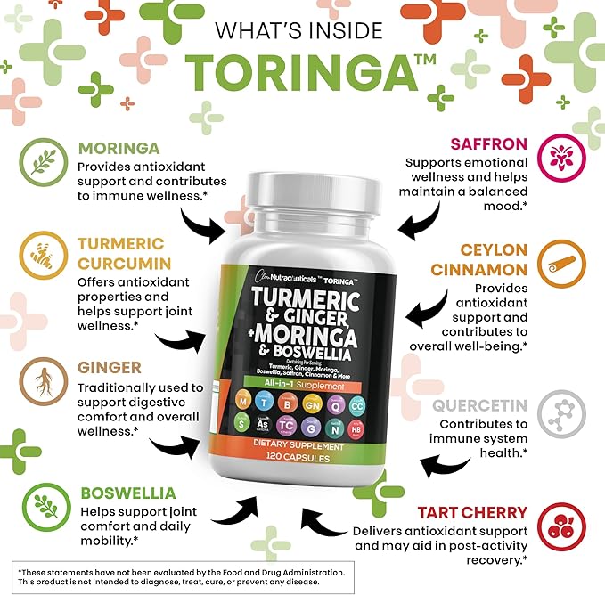 Turmeric Moringa Supplement | Ginger Boswellia Saffron - Supplement for Women and Men with Ceylon Cinnamon, Tart Cherry, Quercetin Garlic Nettle Holy Basil - 2Pack