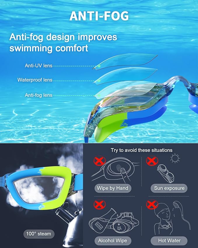 Kids Swim Goggles, Swimming Goggles for Kids with Nose Clip, Earplugs, Nose Bridge for Age 3-15