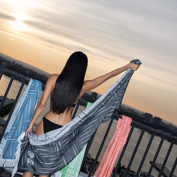 Mosobam 4pc Soft Fouta Peshtemal 35X70, Green-Navy-Charcoal-Coral, Fall Cacala Fleece Blankets, Luxury Sarong, Hamam Towel, Lightweight Outdoor Picnic Blanket Throw, Viscose Made from Bamboo