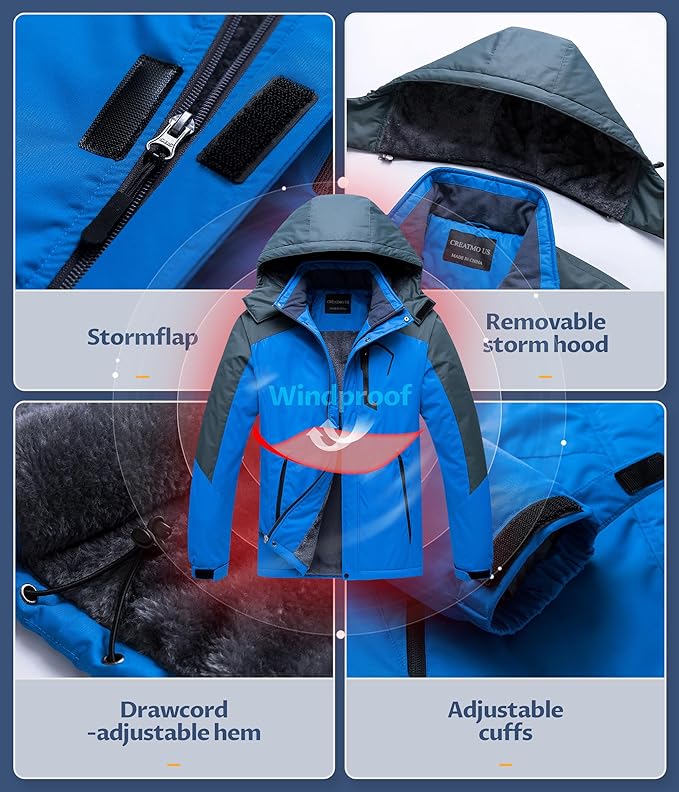 CREATMO US Men's Mountain Waterproof Ski Jacket - Windproof Snowboarding Warm Winter Coat Raincoat