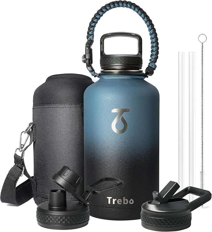 Trebo Water Bottle Insulated 40oz with Paracord Handle, Vacuum Double Wall Stainless Steel Water Jug, 48hr Cold Retention, Leakproof BPA-Free Flask With 3 Lids Fits in Car Cup Holder, Indigo/Black
