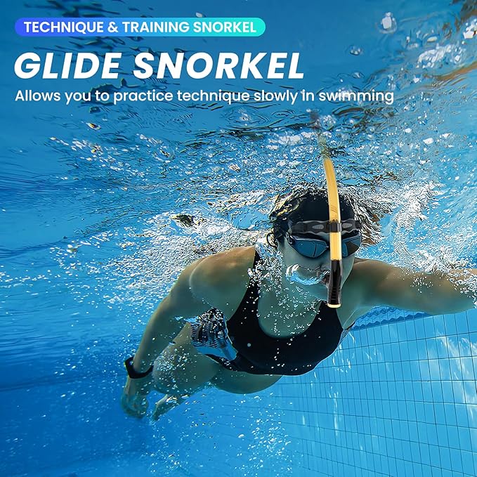 Swimmer's Snorkel for Lap Swimming, Adult Snorkeling Gear Swim Training, Center-Mount Silicone Mouthpiece One-Way Purge Valve in Pool and Open Water